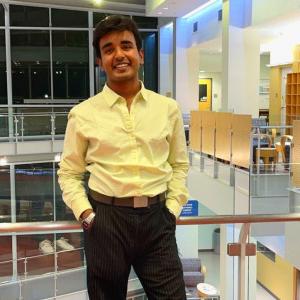 Antariksh Sharma’23 in the Marjorie and James Sanger Center for the Sciences.