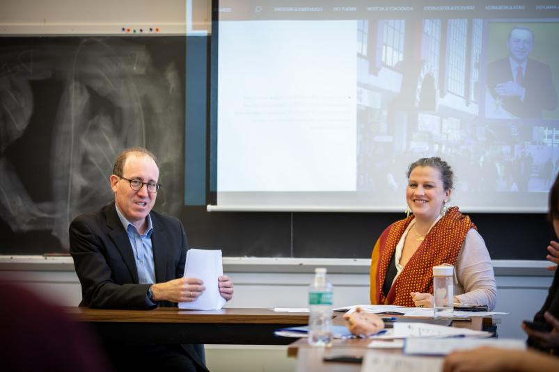 Professor Rachel Ellett with Weissberg Chair Joel Simon in class, during the week long Weissberg ...