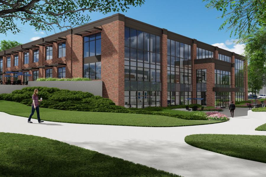 A rendering of a renovated library with an additional library entrance planned for the north side of the ground floor.