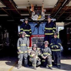 A group of South Beloit firefighters are shown clockwise from top left: Alex Leininger '18, Duncan McFadden '18, Nico Hamacher, Ryan Jacq...
