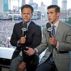 As fans file into Comerica Park in Detroit, Mich., Joe Davis'10, left, and former Los Angeles Dodgers first-baseman Eric Karros preview a...